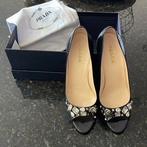 Prada black taffeta jewel heels. Lightly worn. Comes with new heel tips.